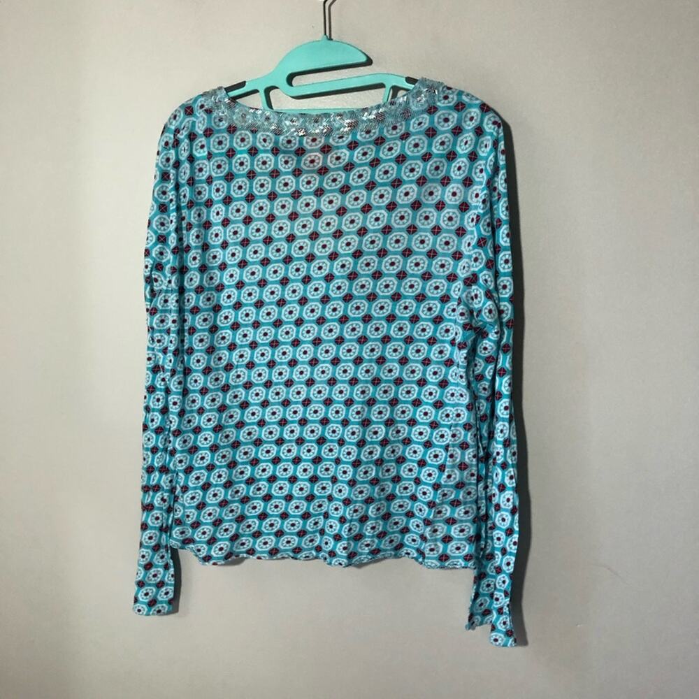 Tory Burch long-sleeve cotton v neck beaded top geometric medallion print L - Picture 2 of 9